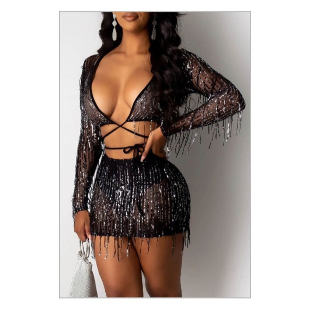 Sexy tassel 2pc skirt set